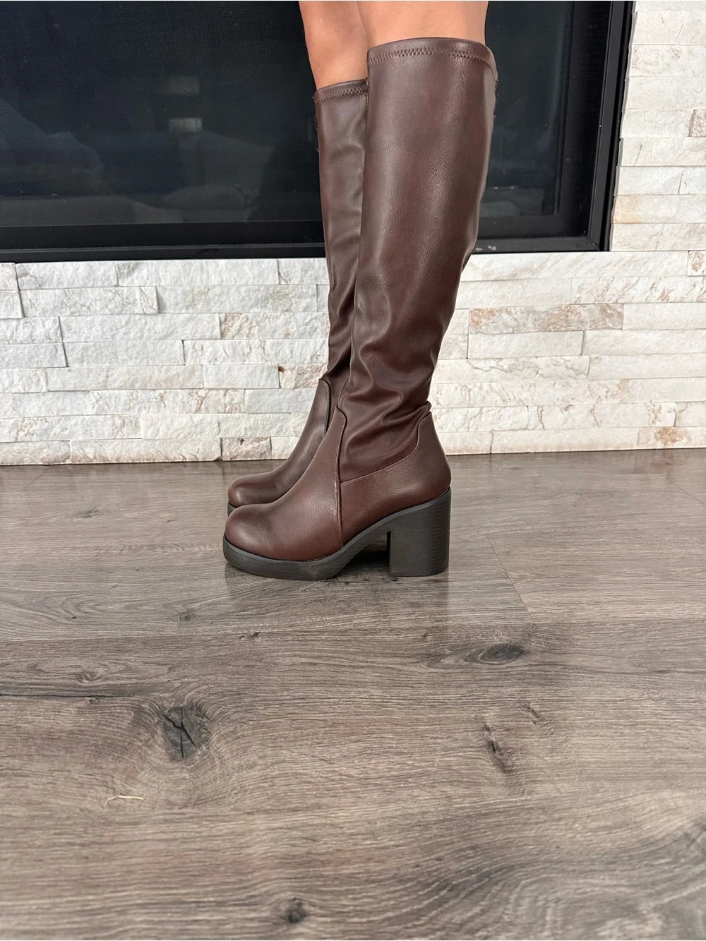 Classic Women's Knee-High Brown Pleather Boots